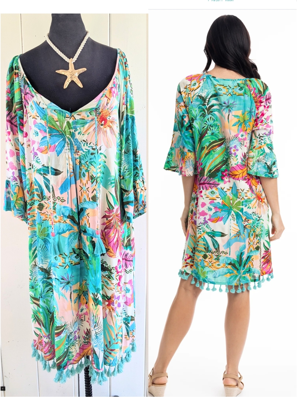 🌴Women’s Teal Tropical Beach Cover-Up Dress sz L